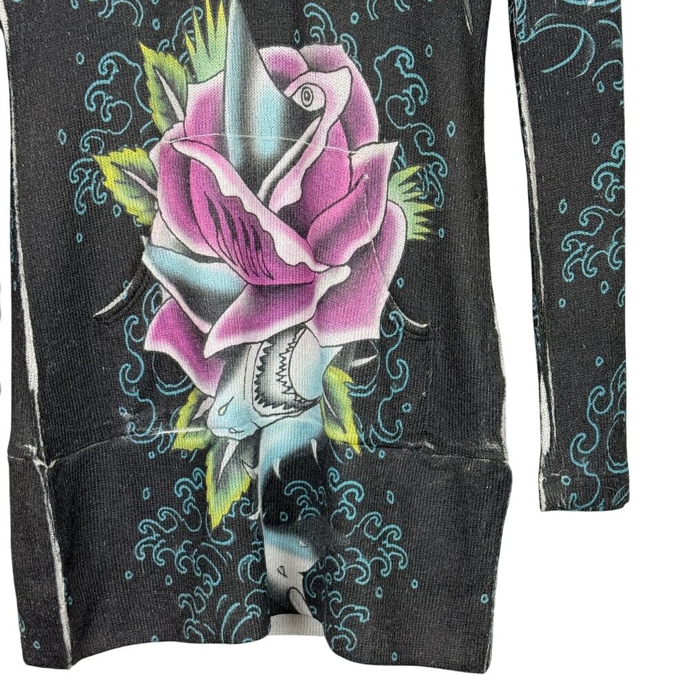Ed Hardy Shark Rose Tattoo Graphic Tunic Hoodie Medium Vtg Y2K Long Sleeve USA - Picture 9 of 11
